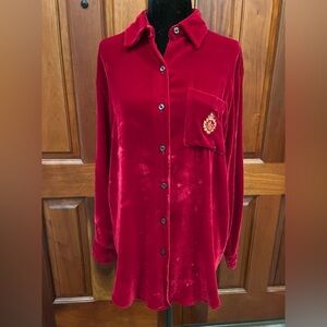 LAUREN Ralph Lauren Red Velvet Blouse Silk Blend Small Petite Gold Logo Crest
